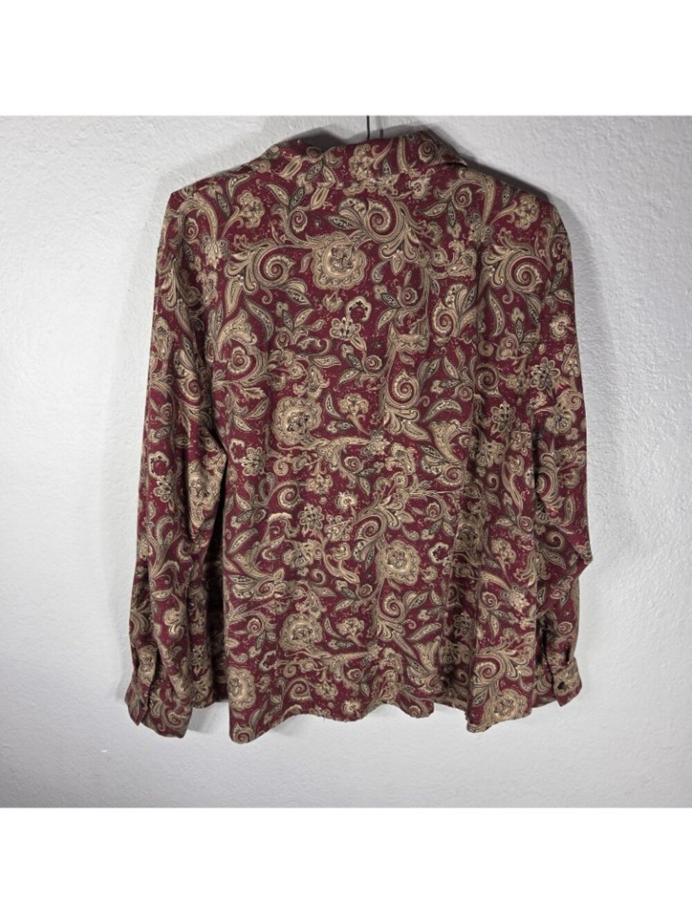 Vintage Talbots 18W Silk Wool Button Down Shirt 90s Pasley Burgundy Tan - Picture 2 of 16